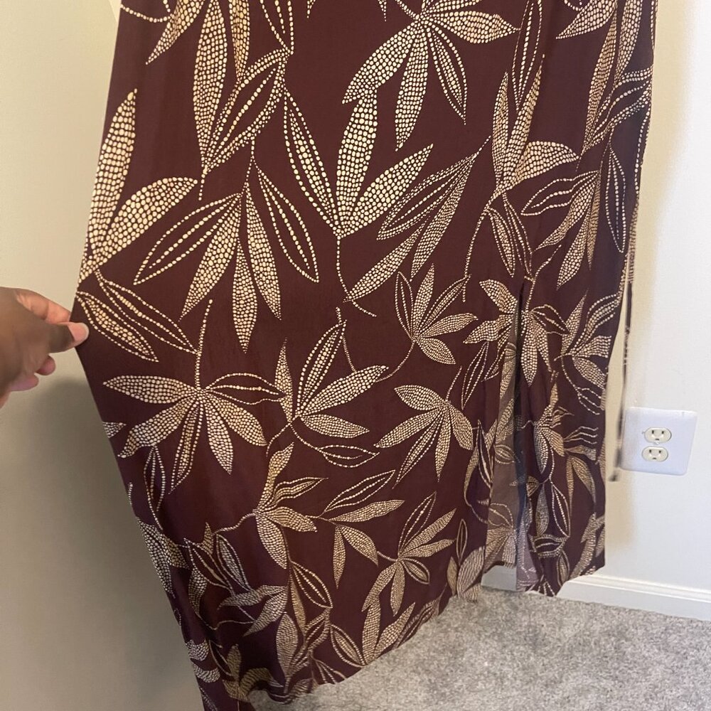 Mango Brown Puff Sleeve Midi Dress with Gold Leaf Print – Size XXL - Picture 5 of 11